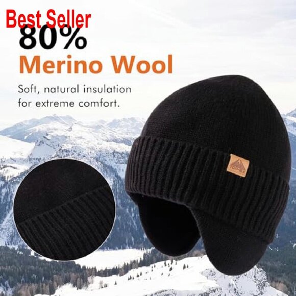 Merino Wool Waterproof Beanie Fleece Lined Ear Flap Winter Hat Unisex
